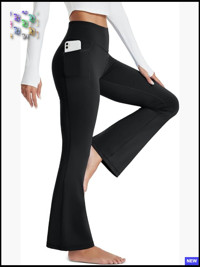 Flare Leggings With Pockets High Waist Tummy Control Workout Pants Bell Bottom